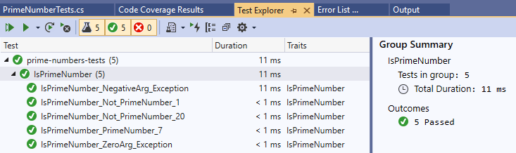 Test Explorer with test results